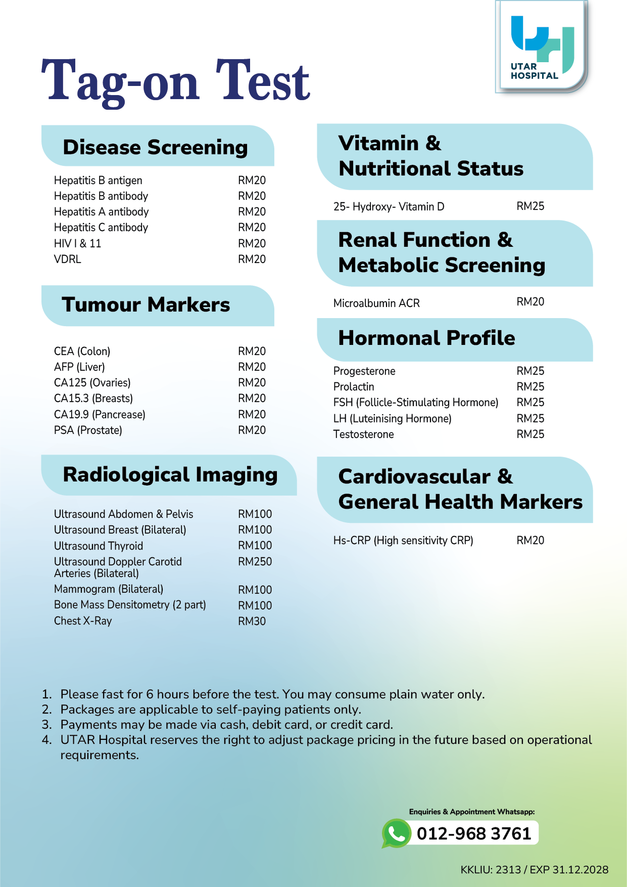UTAR Hospital Kampar, , Health Screening Packages for Male with Blood test and Imaging